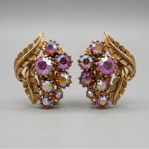 Vintage Pink Aurora Borealis Leaf Clip-On Earrings - Gold Tone Retro